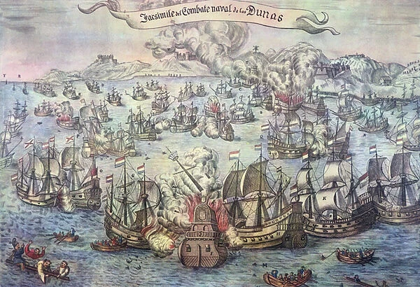 Battle of the Downs, 21st October 1639 (coloured engraving)