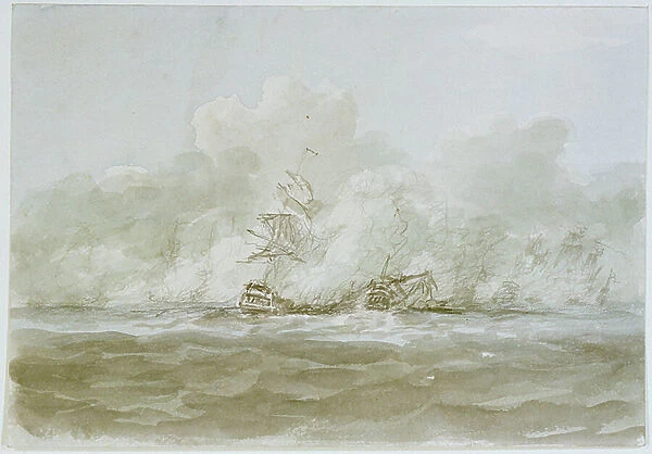 The Battle of the Glorious First of June, 1794; the 'Defence' (?) and 'Le Vengeur', 1794 (watercolour, graphite)