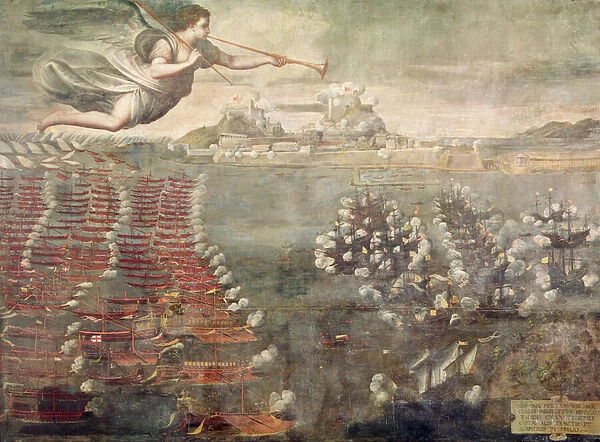 Battle of Lepanto. Victorious ships entering the Port of Messina (oil on canvas)