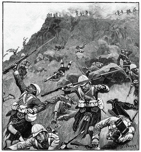 Battle of Majuba Hill, 27 February 1881, lst Boer War. British under General Colley, routed by the Boers. 92nd Gordon Highlands in retreat. Engraving