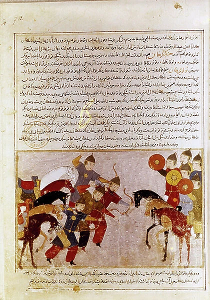 Battle between Mongol Emperor Genghis Khan and Sultan of Khwarezm, 14th century (manuscript)