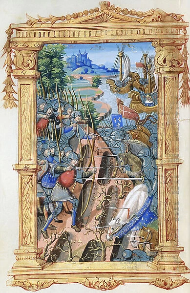 Battle scene between archers and cavalry, with castle and ships, c. 1495-1500 (gouache and gold paint on vellum)