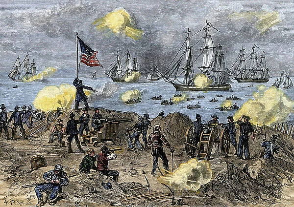 Battle of Stonington (Connecticut, USA) bombed by the British fleet in 1814. (Episode of the American Anglo War of 1812 (1812-1815) or the Second American War of Independence). Lithograph from 19th century illustration
