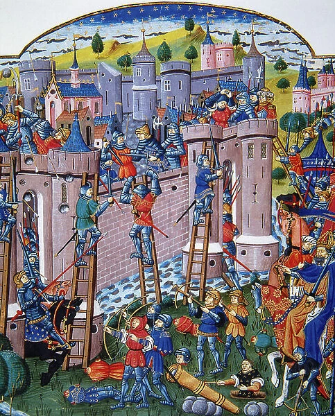 Battle of Tarento, Miniature set in medieval times from a codex of the 15th century. Prince's Library, France