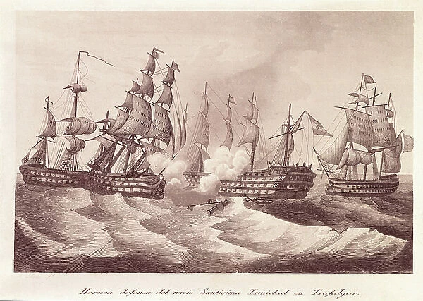 Battle of Trafalgar (October 21st, 1805). Heroic defense of the vessel the Santisima Trinidad in Trafalgar. Engraving. SPAIN. MADRID (AUTONOMOUS COMMUNITY). Madrid. Museo de Historia