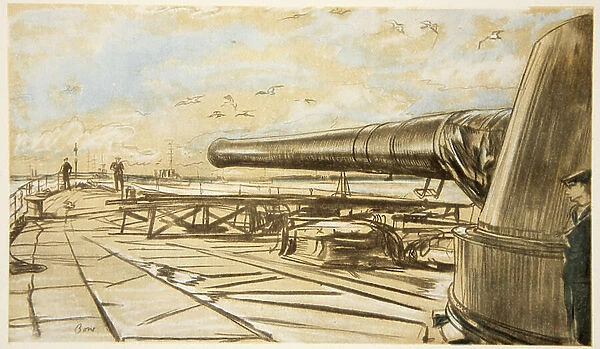 On a battleship: gun turret, illustration from The Western Front, pub. by Country Life Ltd, 1917 (litho)