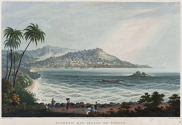 The bay and the city of Scarborough, island of Tobago (Trinidad and Tobago). Lithography (30.2x45.6 cm) by D. McArthur, 1834