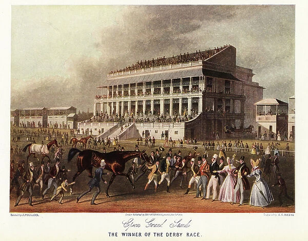 Bay Middleton, winner of the Derby 1836, being led to the paddock at Epsom Racecourse in front of fashionable crowds in the Grand Stand. Color print after an engraving by R.G