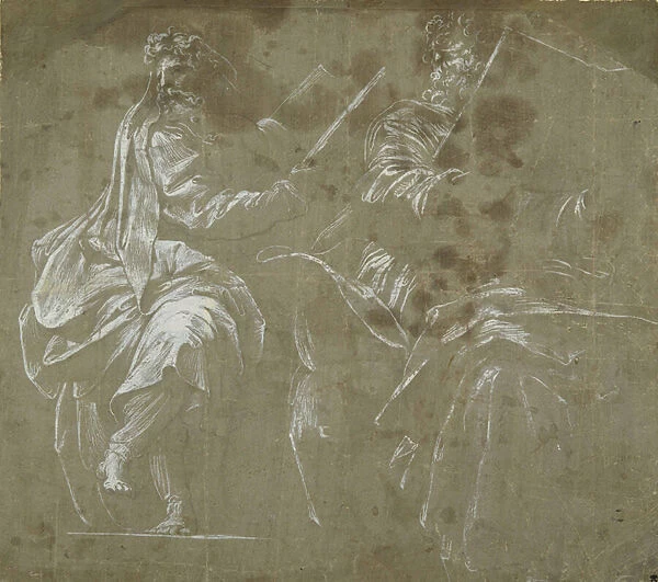 Two bearded prophets seated, holding open books (white body colour on grey paper)