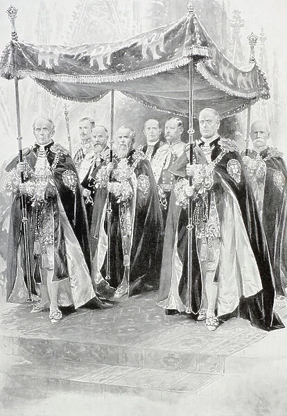 The Bearers of the Canopy over King George V, during the annointing at his coronation ceremony in 1910 (print)