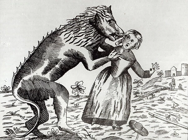 The Beast of Gevaudan Attacking a Young Girl (engraving) (b  /  w photo)