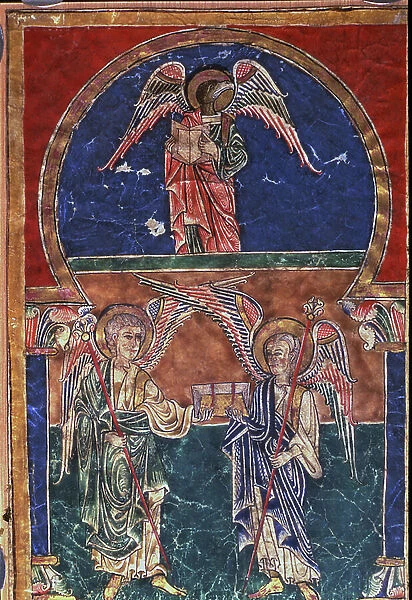 Beatus of Cardena, Saint John under the symbol of the eagle and two winged figures, 12th century (manuscript)