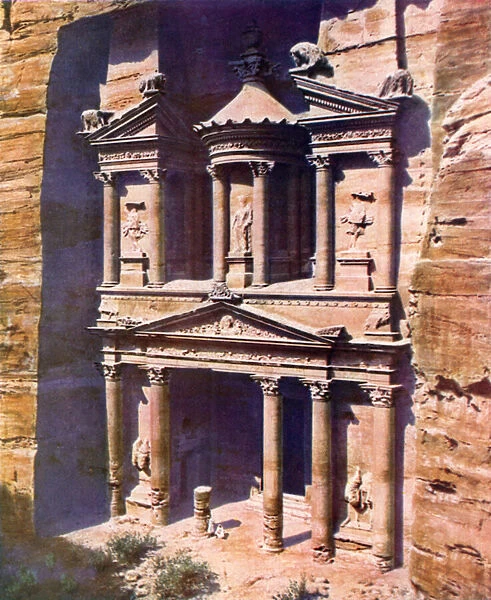 Beautiful rock-hewn temple in the River Gorge leading to Petra (colour photo)