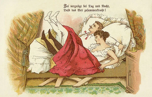 Bed collapsing under a happy couple (colour litho)