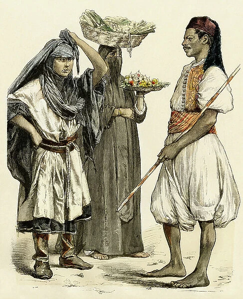 Bedouin girl, Muslim woman selling fruit and messenger in Egypt
