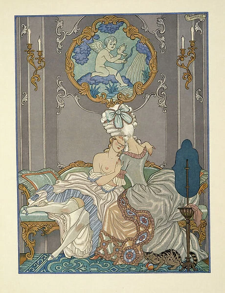 Bedroom scene from Les Liaisons Dangereuses by Pierre Choderlos de Laclos (1741-1803) pub. 1934 (pochoir print)
