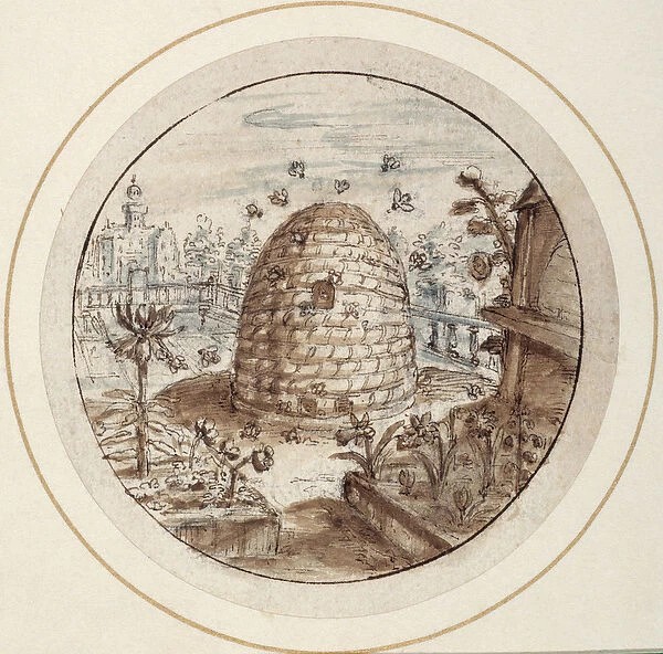 Beehive, early 17th century (pen & brown ink with brown & grey washes)