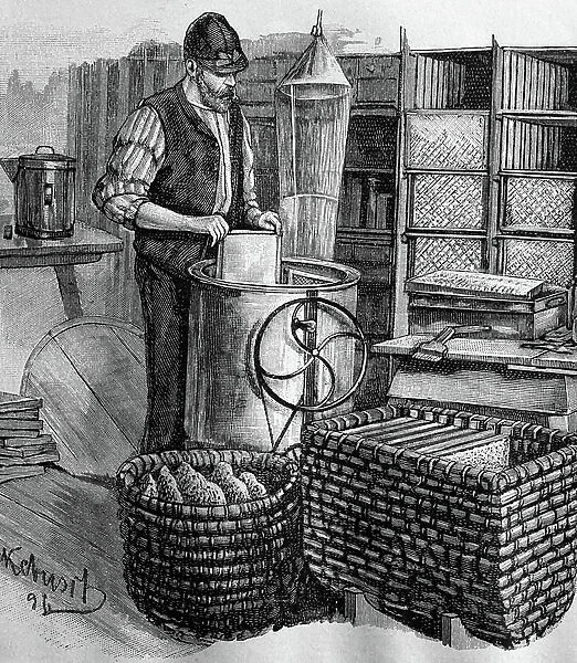Beekeepers at work, honey extractor, historic wood engraving, about 1897