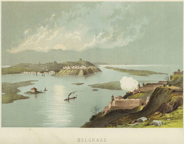 Belgrade at the confluence of the Sava and Danube rivers (colour litho)