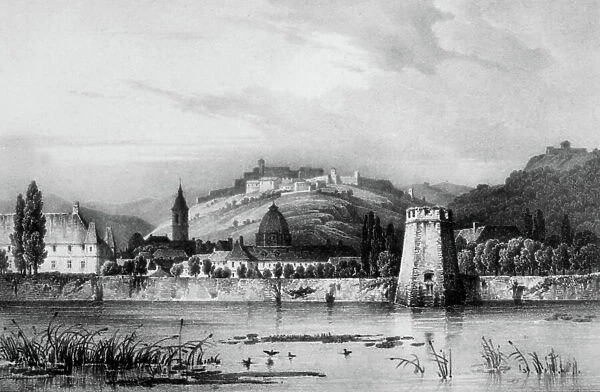 Besancon, France : citadel, Doubs river, 18th century, engraving