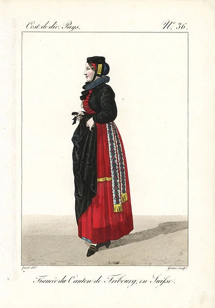 Betrothed girl of the Canton of Fribourg, Switzerland, 19th century. She wears an elegant toque, ruff, jacket, black apron and strawberry petticoats. Handcoloured copperplate engraving by Georges Jacques Gatine after an illustration by Louis Marie