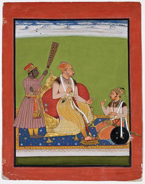 Bhao Singh enthroned with a noble at his feet, c. 1680 (opaque w  /  c & gold on paper)