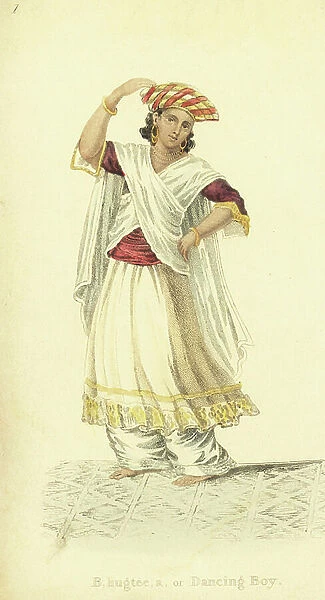 Bhugtee or dancing boy, India, in turban and bracelets, earrings and necklaces. Handcoloured copperplate engraving by an unknown artist from ' Asiatic Costumes, ' Ackermann, London, 1828