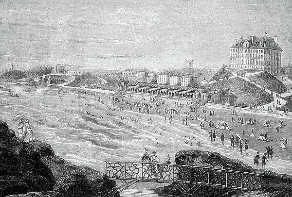 Biarritz (France) : the beach, imperial residence, engraving, 1864