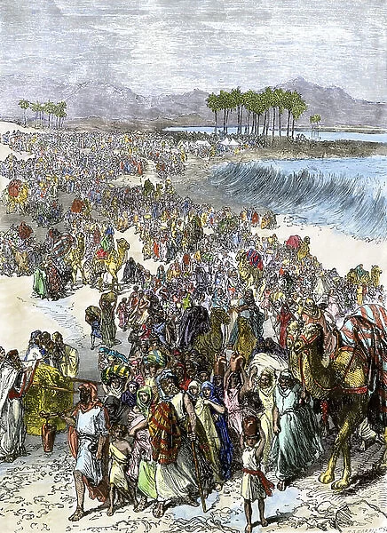 Bible, Old Testament: Joshua guides the Israelites as they flee from Egypt through the Jordan to the land of Canaan, around 1400 BC. Joshua is Moses's successor in the conduct of the Jewish (Hebrew) people towards the Promised Land