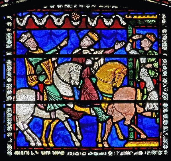 Detail from one of the Bible Windows depicting the Magi on horseback following the star
