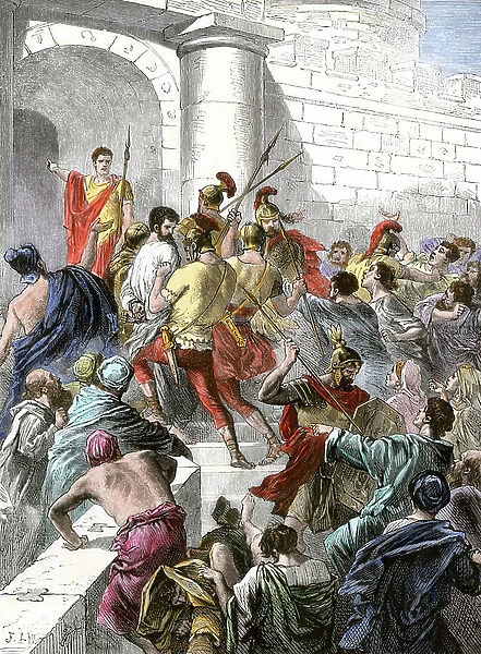 Biblical scene: Apostle Paul arretes in Jerusalem and takes him to the Roman authorities. Colouring engraving of the 19th century