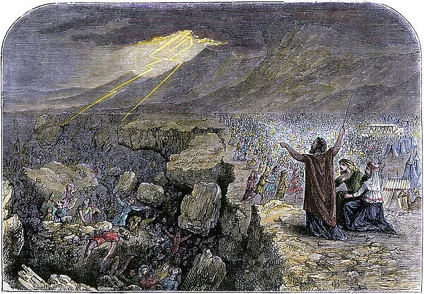Biblical scene: earthquake swallowing the Hebrew people who refused to follow Moses. Coloured engraving of the 19th century
