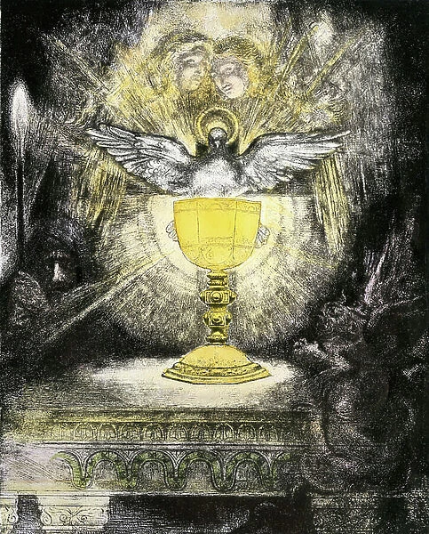 Biblical scene: The Holy Grail. Christian symbol with the dove to represent the Holy Spirit (Holy Spirit). Engraving to illustrate Wagner's Opera ' Parsifal'