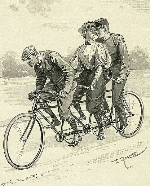 Bicycle for three persons, called tandem bicycle, 1898 (engraving)