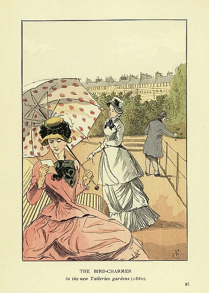 The bird-charmer in the new Tuileries Gardens, 1880. Two fashionable women in the new Jardin des Tuileries near one of the famous bird charmers. Handcoloured lithograph by R. V