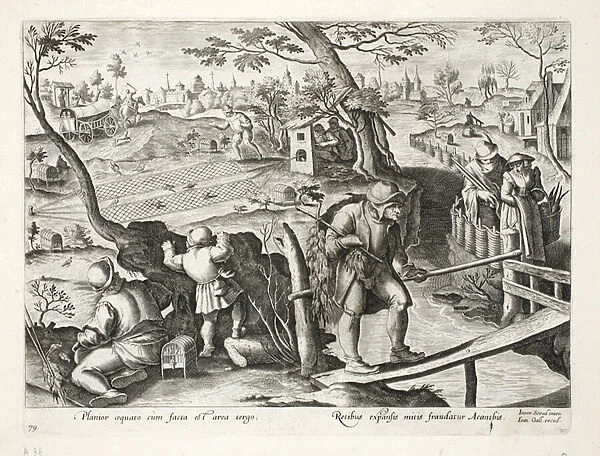 Birdcatchers trapping starlings, illustration from Venationes, Ferarum, Avium