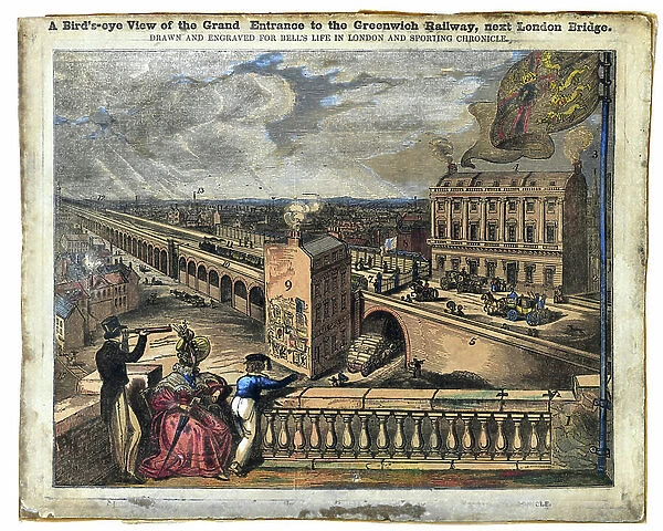 Bird's-eye view of the Grand Entrance to the Greenwich Railway, next London Bridge c1836 (hand coloured engraving)