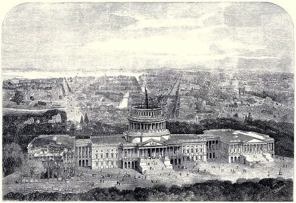 Birdseye view of the City of Washington 1861, with the Capitol under construction in the Foreground [Digitally cleaned version] (engraving)