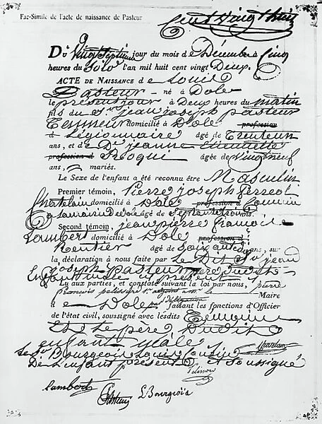 Birth certificate of Louis Pasteur (1822-1895)