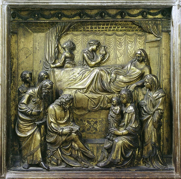 The birth of Saint John the Baptist. Detail of the Bas-Relief of the Baptismal Font made by Jacopo della Quercia (1374-1438), 1427. Baptistery in Siena, Italy. 836.3