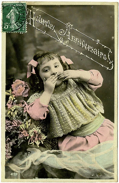 Birthday greeting postcard: little girl giving kisses