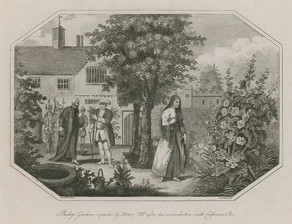 Bishop Gardiner reproved by King Henry VIII after his reconciliation with Catherine Parr (engraving)