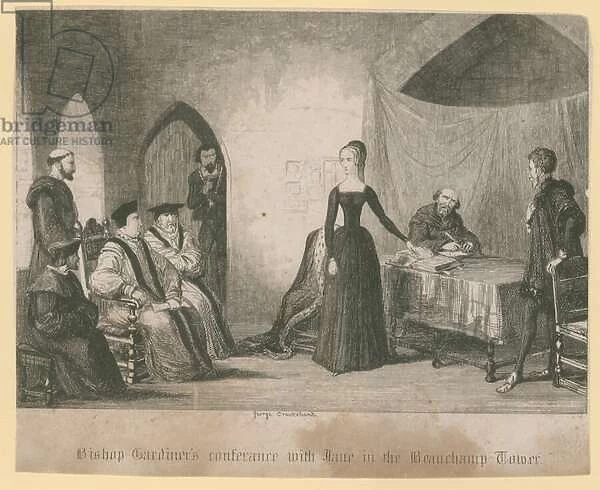 Bishop Gardiners conference with Jane in the Beauchamp Tower (engraving)