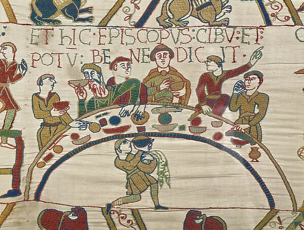 Bishop Odo blesses the food and wine, Bayeux Tapestry (wool embroidery on linen)