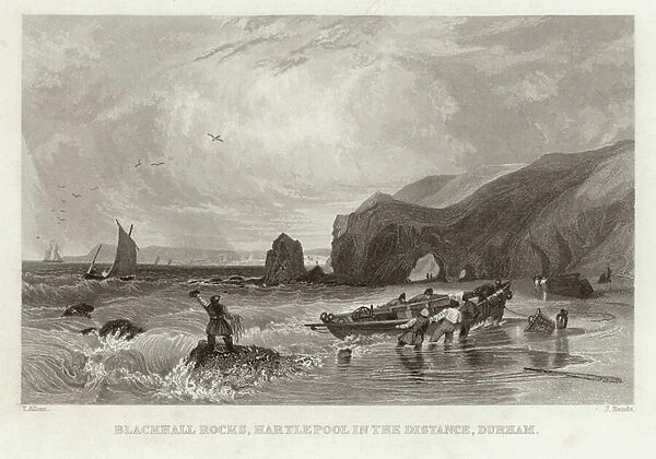 Blackhall Rocks, Durham, with Hartlepool in the distance (engraving)