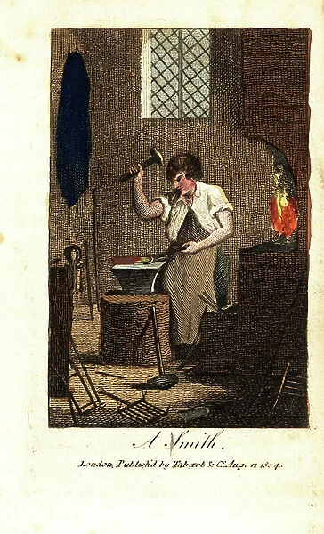 Blacksmith using hammer and tongs to beat a piece of red-hot iron heated in a forge. Handcoloured woodcut engraving from The Book of English Trades and Library of the Useful Arts