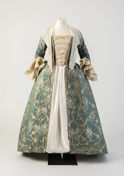 Blue and cream woven silk open robe with ruched robings, 1750s (silk)