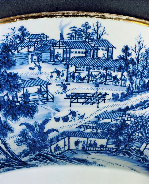Detail of a blue and white bowl showing the manufacture of porcelain (porcelain