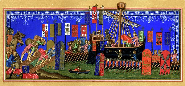 Boarding of the Knights of the Holy Spirit (Order of the Knot or Order of the Holy Spirit to the Desir Right) for The Crusade miniature of 14th century 'Statutes of the Holy Spirit of Naples' - simile College, 1877 (engraving)