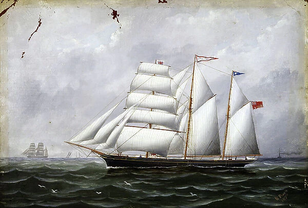 The boat Ocean Swell, at full sail. Oil on cardboard, 1878, by W. Pearn (?)